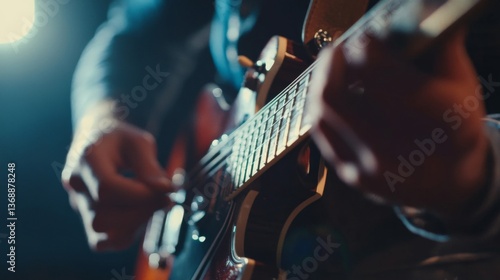 Guitarist Performing on Stage with Electric Guitar Under Spotlight in Dark Background