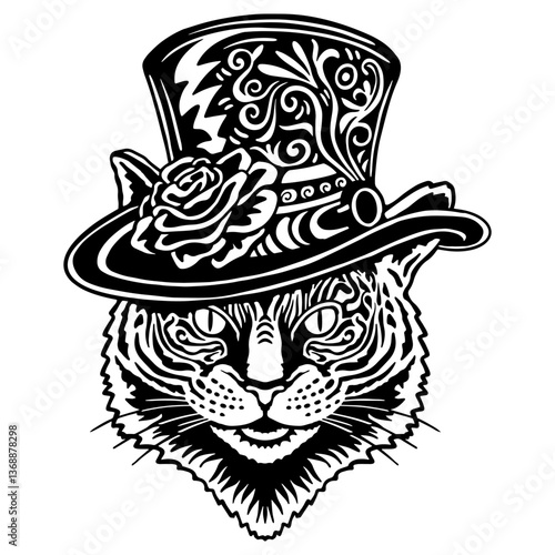 Elegant cat in a decorative top hat with floral ornaments