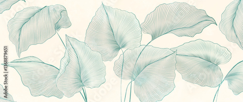 Botanical art background with tropical leaves in blue line art style. Vector plant banner with exotic leaves for decor, print, textile, poster, wallpaper, interior, packaging.