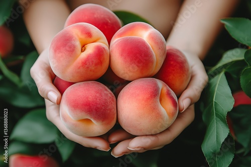 Woman's hands holding a bunch of ripe peaches.