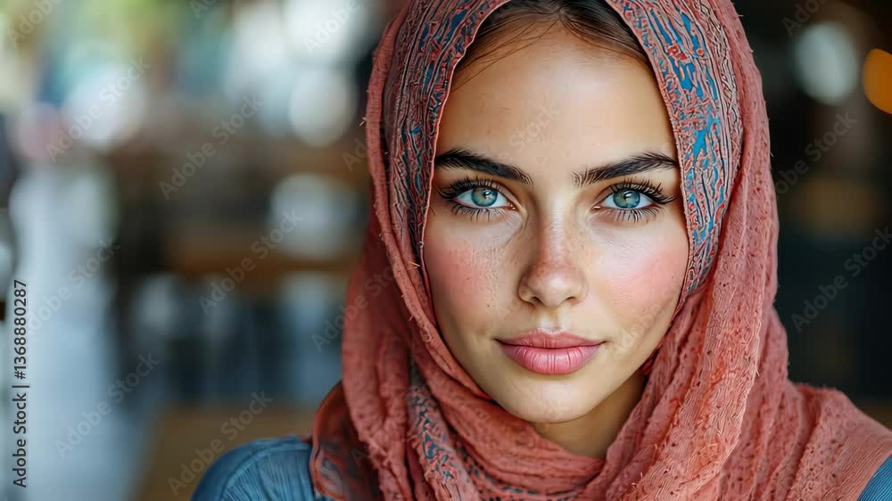 A young woman sits gracefully in a vibrant cafe, showcasing her captivating blue eyes and colorful headscarf as she takes in the lively atmosphere around her. The warm lighting enhances the cozy vibe. A young woman sits gracefully in a vibrant cafe, showcasing her captivating blue eyes and colorful headscarf as she takes in the lively atmosphere around her. The warm lighting enhances the cozy vibe.