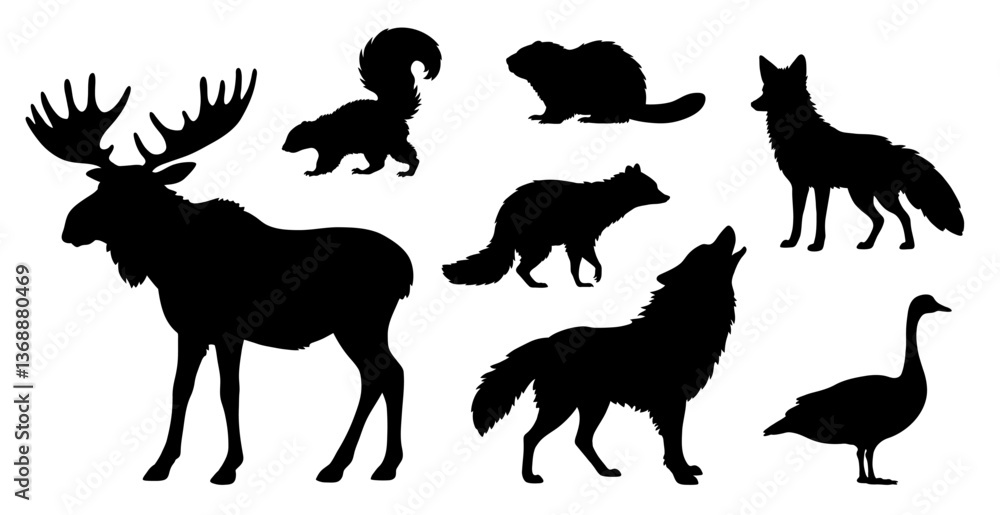 Obraz premium Canadian or North American Wild Forest Animal Silhouette Clipart Set including Moose, Wolf, Fox, Goose, Skunk, Beaver and Raccoon