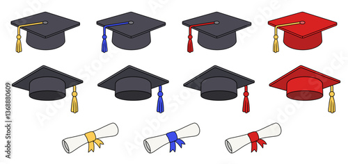 Graduation Mortarboard Cap / Hat and Rolled Certificate or Diploma Clipart Set
