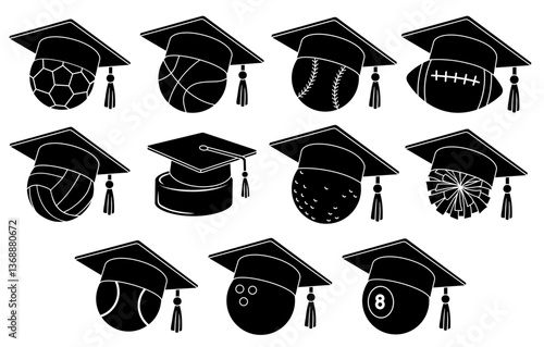 Sports Balls Wearing Graduation Mortarboard Caps or  Hats Silhouette Stamp Clipart Set