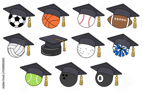 Sports Balls Wearing Graduation Mortarboard Caps or  Hats Clipart Set