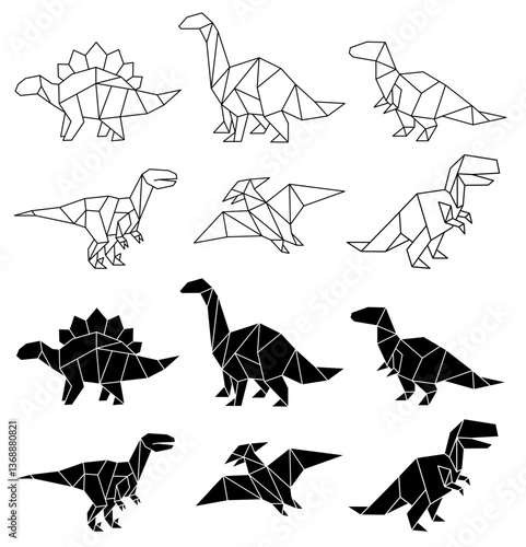 Geometric Origami Dinosaurs Clipart Set on a Transparent Background - Outline and Silhouettes