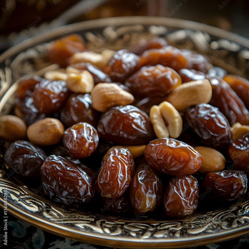 Dried dates and nuts in ornate plate Dried dates and nuts in ornate plate