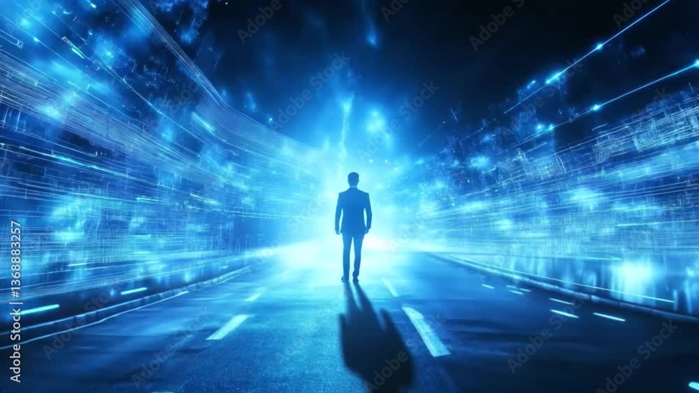 Businessman walks on artistic virtual digital network cyberspace road Businessman walks on artistic virtual digital network cyberspace road