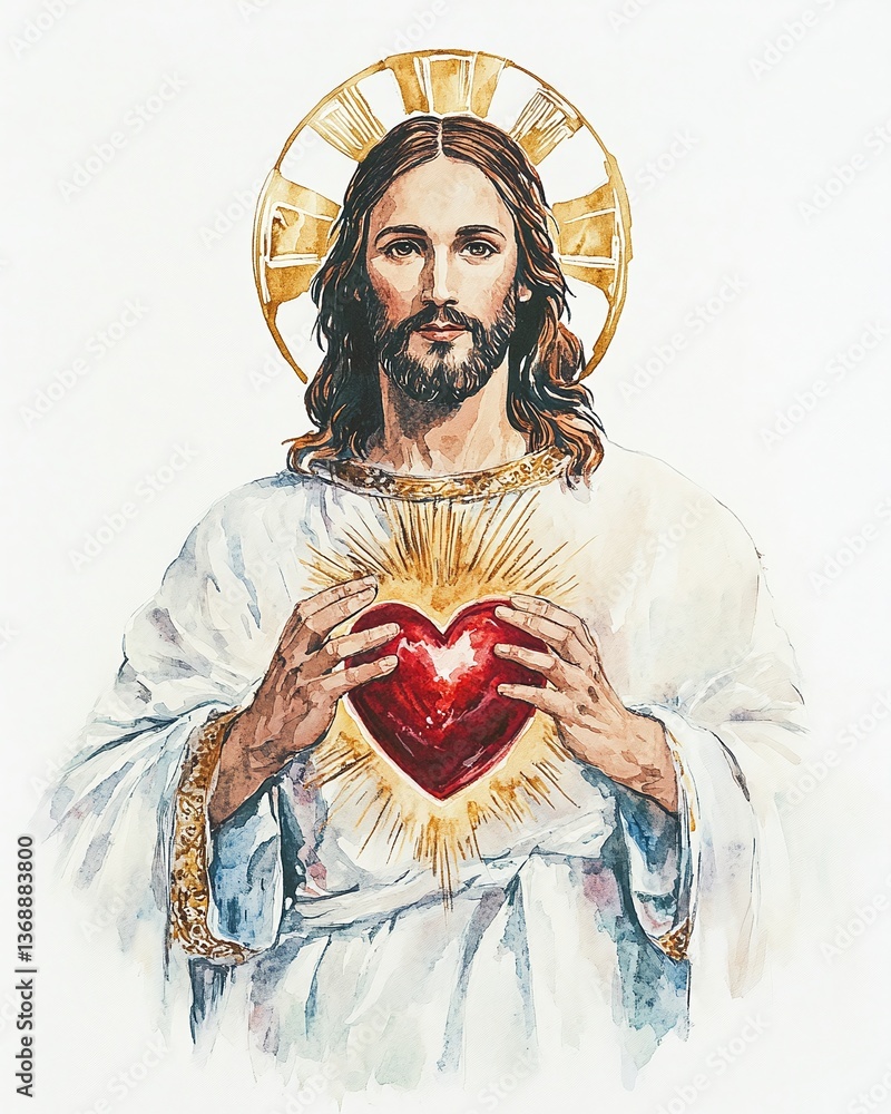 Obraz premium Sacred Heart: A reverent depiction of Jesus Christ, holding his sacred heart, radiates love and compassion. A spiritual artwork to inspire reflection.