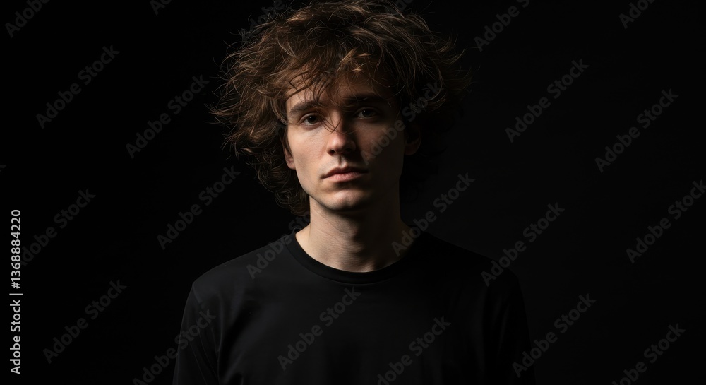 Naklejka premium Portrait of a young man with curly hair in a black shirt against a dark background studio shot