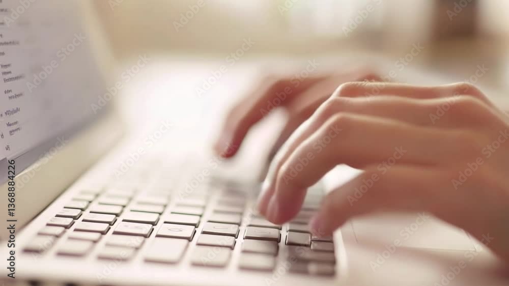 Hands typing on laptop keyboard Fingers press buttons on pc notebook keypad