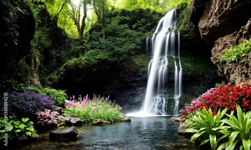 Breathtaking spring morning over a peaceful waterfall in a wildflower meadow – Stunning sunrise with reflective water and vibrant greenery