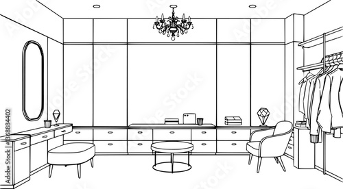 Outline of a luxury dressing room with mirror and stylish furniture minimalist vector.