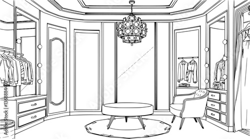 Outline of a luxury dressing room with mirror and stylish furniture minimalist vector.