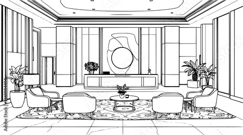 Minimalist outline of a luxury hotel lobby with reception desk vector illustration.