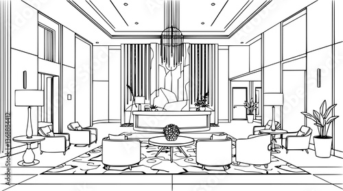 Minimalist outline of a luxury hotel lobby with reception desk vector illustration.