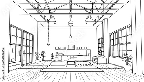 Outline of a modern loft apartment with large windows minimalist vector design.