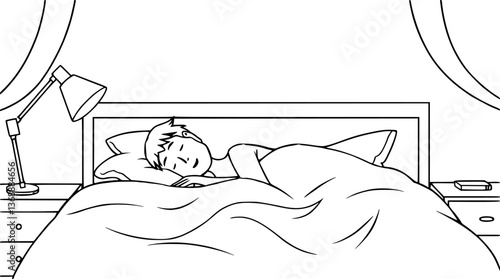 Outline of a sleeping person in bed minimal wellness and relaxation vector illustration