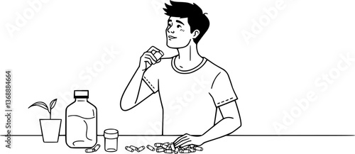 Outline of a person taking a vitamin pill minimal daily health vector illustration.
