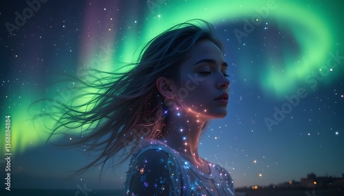girl stands in awe beneath Northern Aurora, her silhouette merging with cosmic dance of ethereal lights, night sky weaves its celestial magic around her 