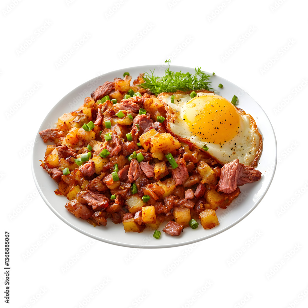 Corned Hash and Eggs Isolated on Transparent Background Corned Hash and Eggs Isolated on Transparent Background