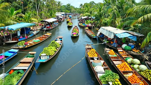 Frames A vibrant top-down shot capturing the colorful boats of a floating market in th a-2, 20811925