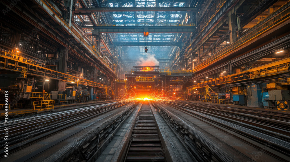 A colossal steel factory stretches into the distance, illuminated by a fiery, molten metal cascade. A colossal steel factory stretches into the distance, illuminated by a fiery, molten metal cascade.