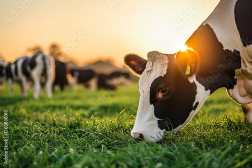 Cows peacefully graze on green grass as the sun sets in the background, creating a serene atmosphere in rural farmland Generative AI