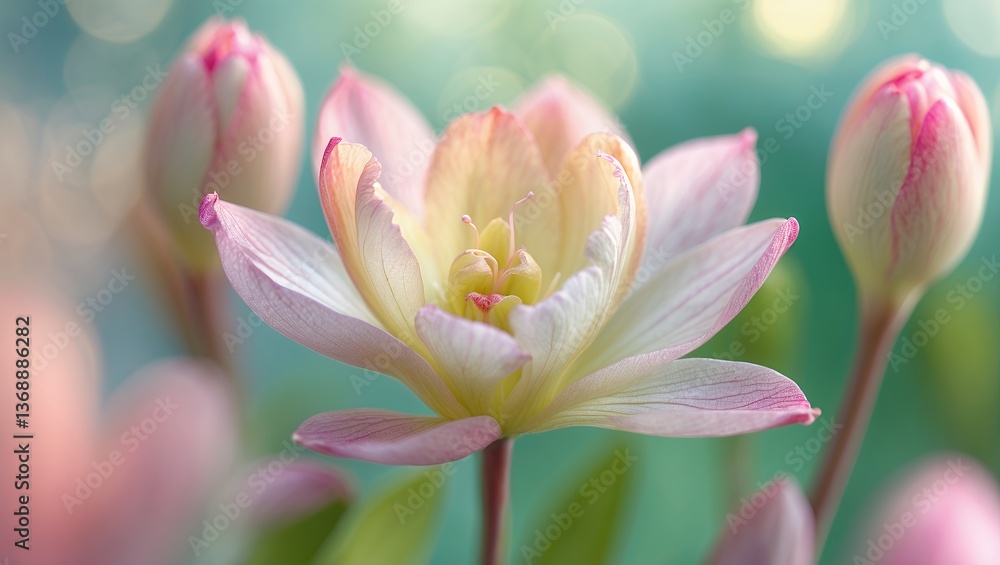 Fototapeta premium Pastel flower blooms with soft petals and hints of pink, against a bokeh backdrop