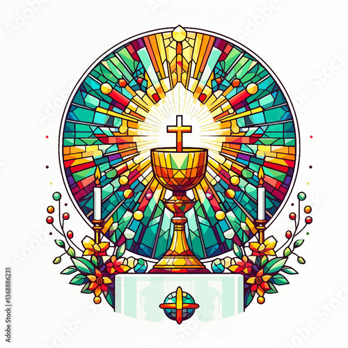 A colorful stained glass design of a cross and a cup with candles
