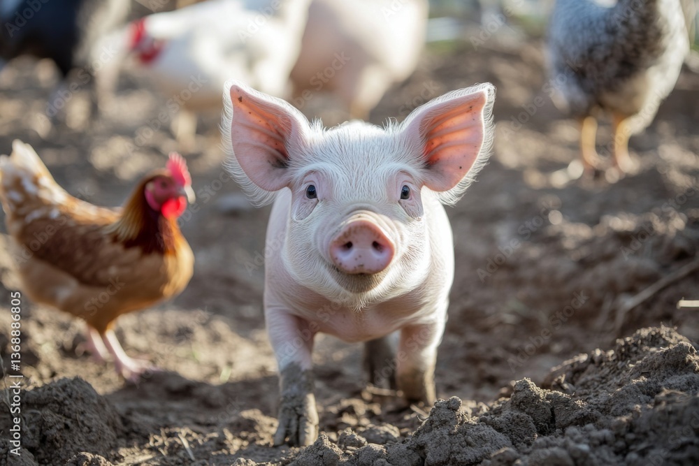 A cheerful piglet wanders through a farmyard, surrounded by curious chickens pecking at the ground on a sunny day Generative AI A cheerful piglet wanders through a farmyard, surrounded by curious chickens pecking at the ground on a sunny day Generative AI