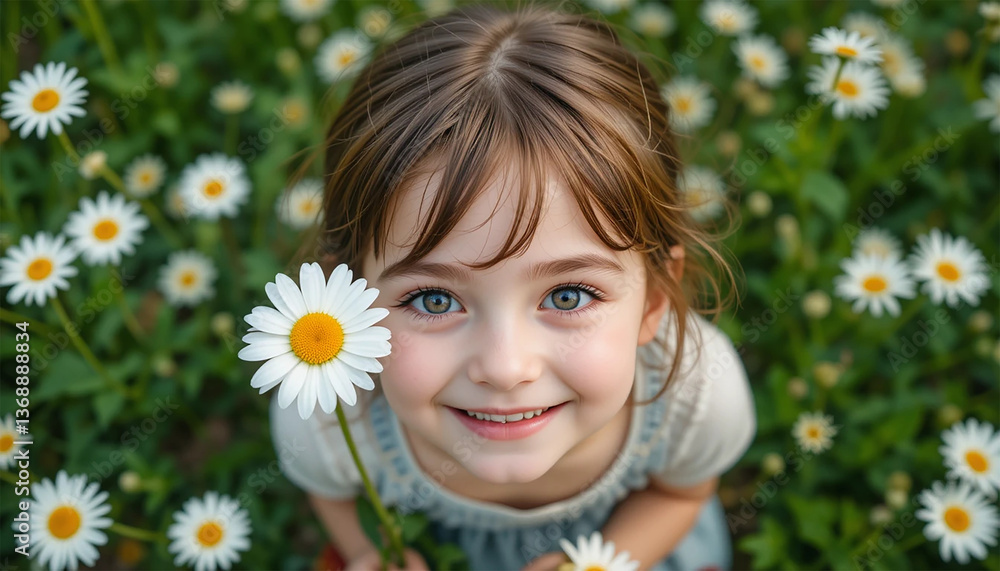 Little girl smiling with daisies in a field of flowers Little girl smiling with daisies in a field of flowers