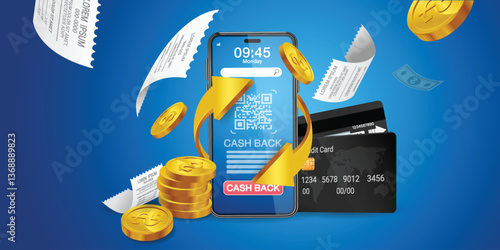 Cash back, money saving vector concept with dollar coins, wallet, arrows, credit card.Guarantee bonus program finance sticker. Online shopping, cash back sale offer emblem,Cash back service, financial