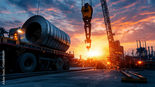 Heavy-duty cranes unloading large metal coils from flatbed trucks, sparks flying as welding equipment operates in the background, all under the twilight sky