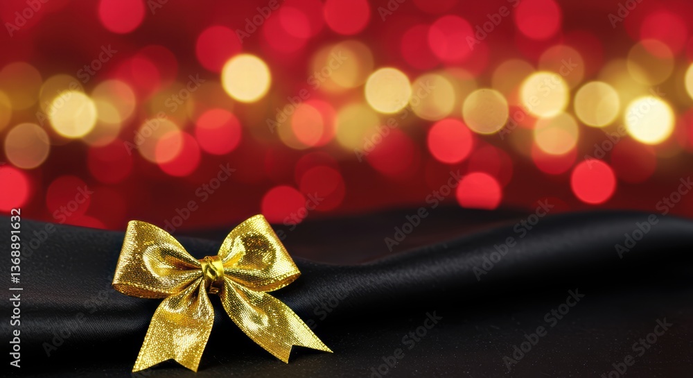 A gold bow with a metallic sheen is placed on a black surface with a red and yellow bokeh light backdrop for a celebratory holiday ambiance A gold bow with a metallic sheen is placed on a black surface with a red and yellow bokeh light backdrop for a celebratory holiday ambiance