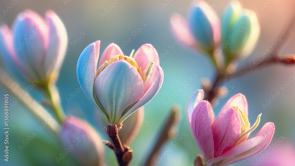 Fototapeta premium Pink and teal flowers on branch with sunlight
