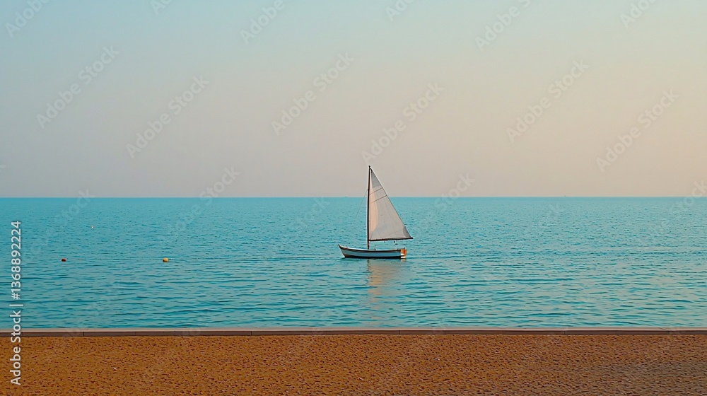 Obraz premium Sailboat on calm turquoise water, clear sky, beach foreground. Peaceful scenic seascape