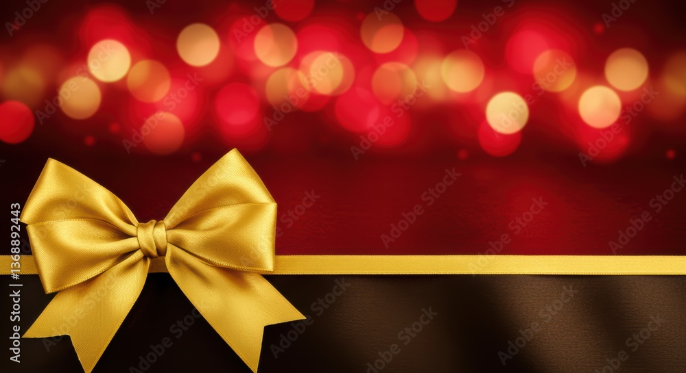 A luxurious gold ribbon bow adorns a black box with a matching gold ribbon against a red bokeh light backdrop for a celebratory holiday atmosphere A luxurious gold ribbon bow adorns a black box with a matching gold ribbon against a red bokeh light backdrop for a celebratory holiday atmosphere