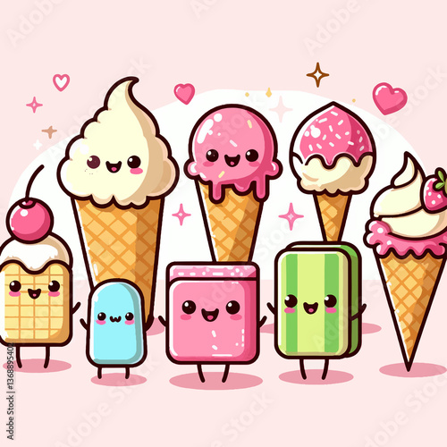 A cartoonish drawing of a group of ice cream characters