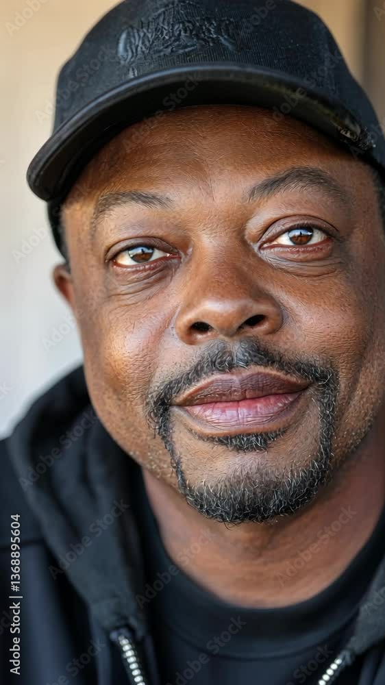 Portrait of a middle-aged man smiling in casual attire with a black cap, showcasing joy and confidence outdoors Portrait of a middle-aged man smiling in casual attire with a black cap, showcasing joy and confidence outdoors