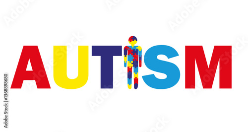 Autism awareness month flat banner concept. Its okay to be different. Set of multicolored human shaped puzzle pieces. ASD syndrome tolerance