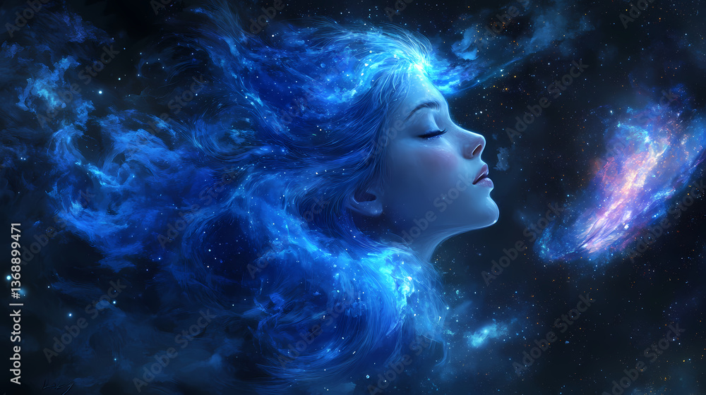 Enchanting cosmic whispers ethereal girl with flowing blue hair in dreamy atmosphere. Cosmic Whispers. Illustration Enchanting cosmic whispers ethereal girl with flowing blue hair in dreamy atmosphere. Cosmic Whispers. Illustration