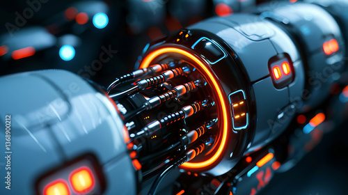 A high-tech energy core glows with orange and blue lights, featuring complex cables and sleek mechanical design.