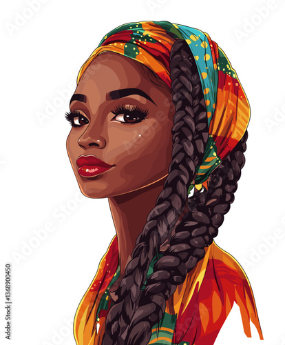 Stylish African woman with braided hair wearing vibrant headwrap and colorful attire during a cultural celebration