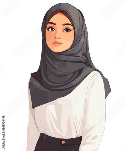 Young Middle Eastern woman in modern attire showcasing cultural elegance with a relaxed expression