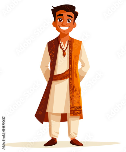 Joyful Indian man dressed in traditional attire smiles warmly during a cultural celebration in a vibrant outdoor setting