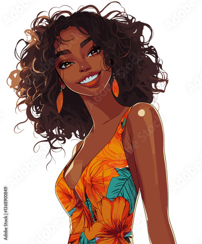 Joyful young African woman with natural curls enjoys a vibrant summer day in a floral dress