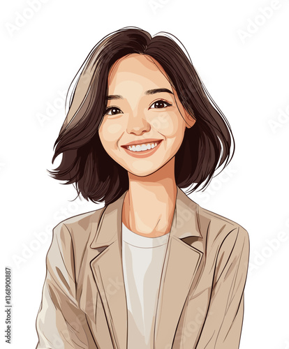 Happy Asian woman with shoulder-length hair smiling warmly in a casual setting during daylight hours