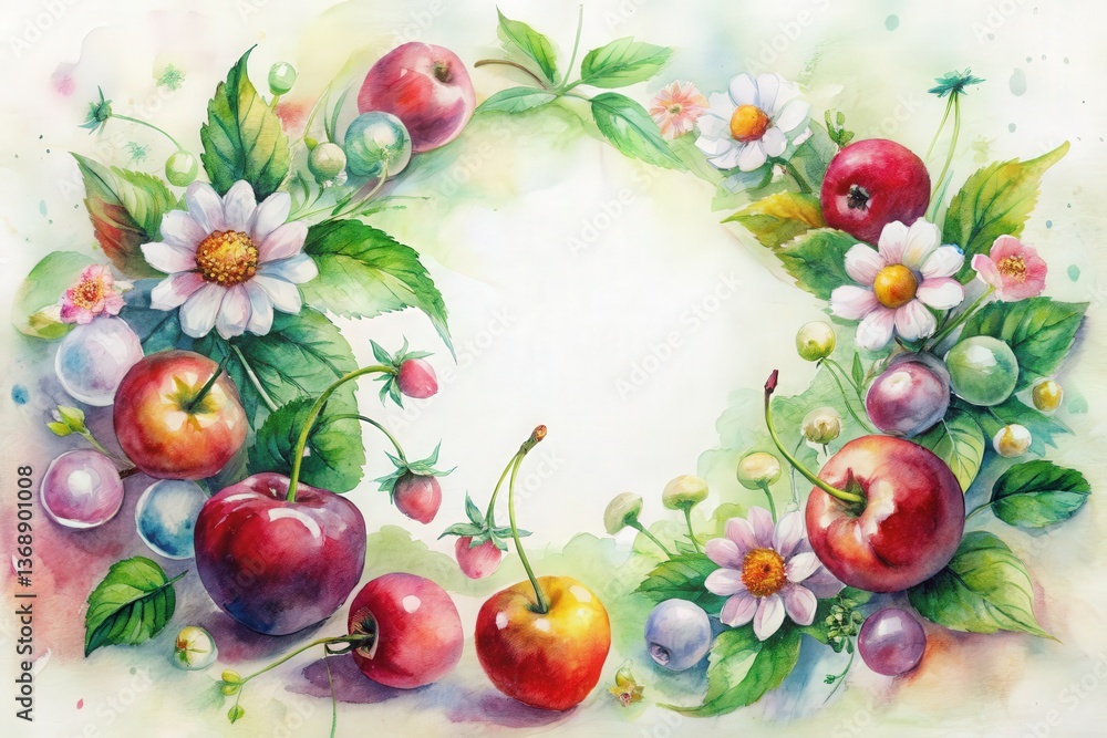 water color wreath of fruits and flowers water color wreath of fruits and flowers