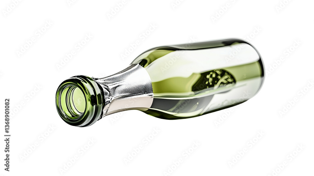 Fototapeta premium Png of A sleek, green glass bottle lying on its side, reflecting light and showcasing its modern design on transparent background.